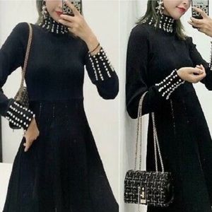 NWT Zara Black Knit Dress With Pearls Women’s Size Medium